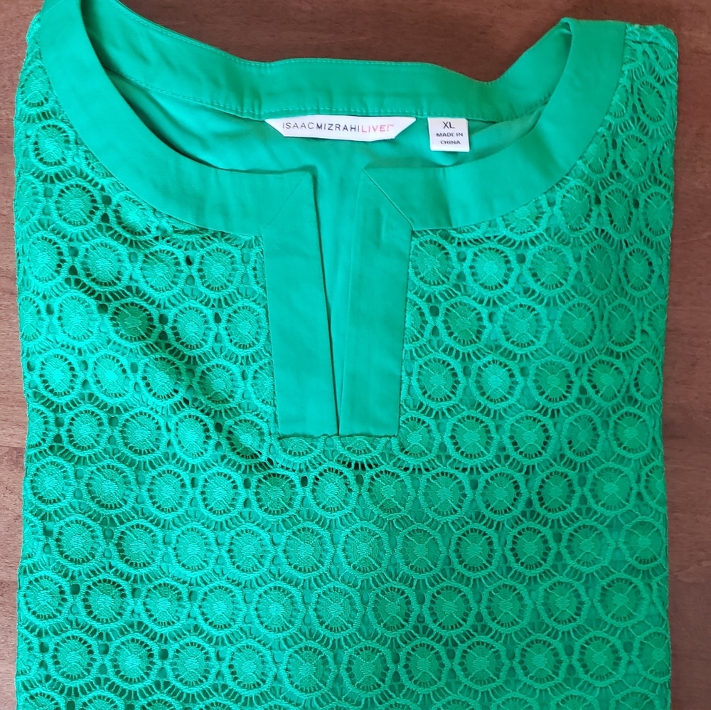 Isaac Mizrahi Live Green Lace Overlay Split Neck Dress 2X